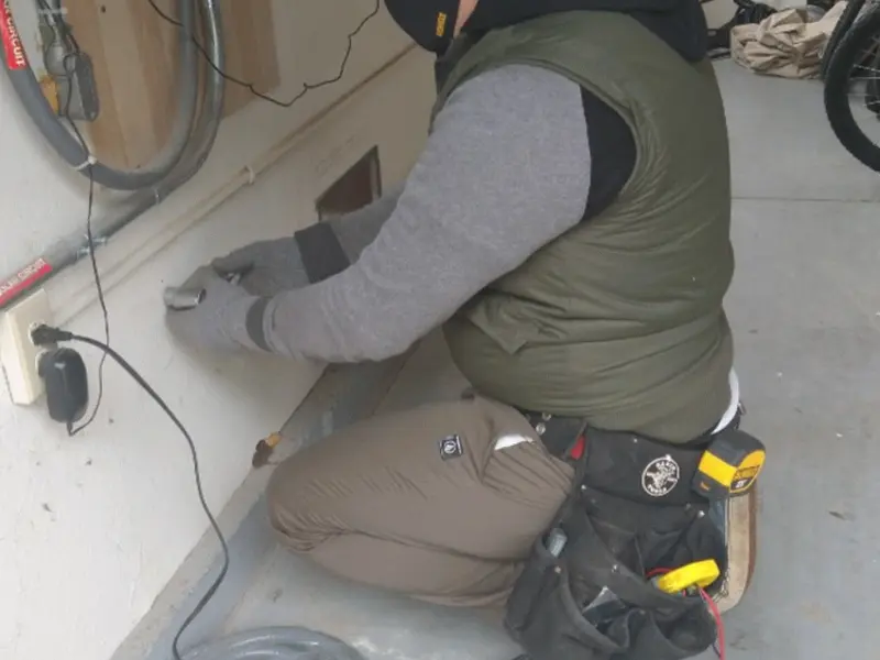 Electrician performing outlet wiring in a Westerville garage